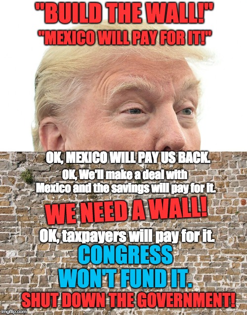 Trump Wall | "BUILD THE WALL!"; "MEXICO WILL PAY FOR IT!"; OK, MEXICO WILL PAY US BACK. OK, We'll make a deal with Mexico and the savings will pay for it. WE NEED A WALL! OK, taxpayers will pay for it. CONGRESS WON'T FUND IT. SHUT DOWN THE GOVERNMENT! | image tagged in trump wall | made w/ Imgflip meme maker