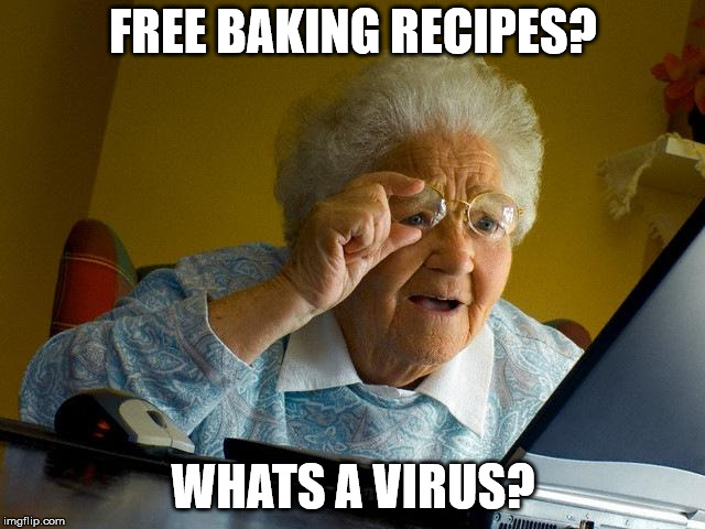 GRANDSON? WHATS A VIRUS??? | FREE BAKING RECIPES? WHATS A VIRUS? | image tagged in memes,grandma finds the internet | made w/ Imgflip meme maker