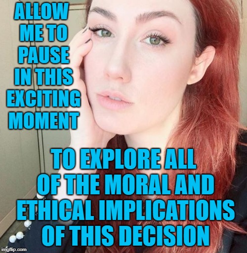 Emalynde: pause for reflection | ALLOW ME TO PAUSE IN THIS EXCITING MOMENT; TO EXPLORE ALL OF THE MORAL AND ETHICAL IMPLICATIONS OF THIS DECISION | image tagged in emalynde,video games,decisions,memes | made w/ Imgflip meme maker