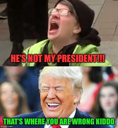 #NotMyPresident | HE’S NOT MY PRESIDENT!!! THAT’S WHERE YOU ARE WRONG KIDDO | image tagged in screaming liberal | made w/ Imgflip meme maker