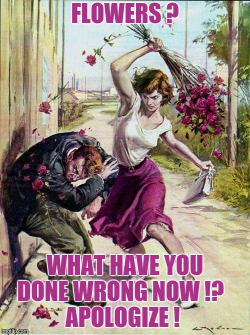 I Won't Take Nothing for an Answer | FLOWERS ? WHAT HAVE YOU DONE WRONG NOW !?        APOLOGIZE ! | image tagged in beaten with roses,flowers,yayaya | made w/ Imgflip meme maker