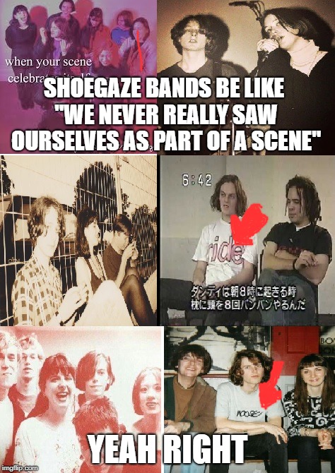 the 90's Shoegaze scene | SHOEGAZE BANDS BE LIKE "WE NEVER REALLY SAW OURSELVES AS PART OF A SCENE"; YEAH RIGHT | image tagged in shoegaze meme,shoegaze memes,shoegaze scene,moose,chapterhouse,slowdive | made w/ Imgflip meme maker