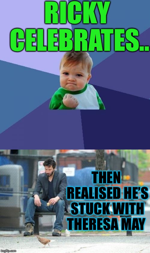 RICKY CELEBRATES.. THEN REALISED HE’S STUCK WITH THERESA MAY | image tagged in memes,success kid,sad keanu | made w/ Imgflip meme maker