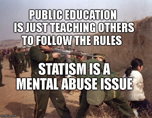 China Gun Control | PUBLIC EDUCATION IS JUST TEACHING OTHERS TO FOLLOW THE RULES; STATISM IS A MENTAL ABUSE ISSUE | image tagged in china gun control | made w/ Imgflip meme maker