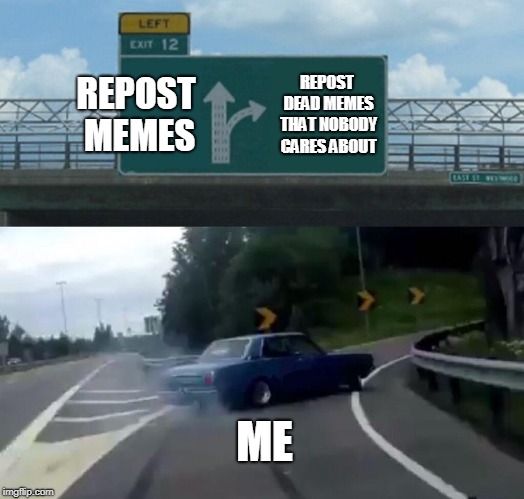 Left Exit 12 Off Ramp Meme | REPOST MEMES; REPOST DEAD MEMES THAT NOBODY CARES ABOUT; ME | image tagged in memes,left exit 12 off ramp | made w/ Imgflip meme maker