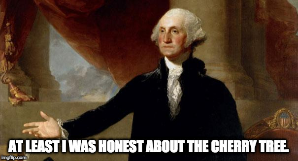 george washington | AT LEAST I WAS HONEST ABOUT THE CHERRY TREE. | image tagged in george washington | made w/ Imgflip meme maker