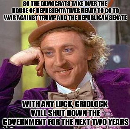 The joy of Gridlock | SO THE DEMOCRATS TAKE OVER THE HOUSE OF REPRESENTATIVES READY TO GO TO WAR AGAINST TRUMP AND THE REPUBLICAN SENATE; WITH ANY LUCK, GRIDLOCK WILL SHUT DOWN THE GOVERNMENT FOR THE NEXT TWO YEARS | image tagged in memes,creepy condescending wonka | made w/ Imgflip meme maker