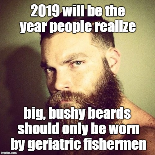 Say 'no' to big beards  | 2019 will be the year people realize; big, bushy beards should only be worn by geriatric fishermen | image tagged in beard,beard baby | made w/ Imgflip meme maker