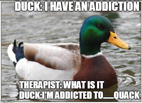 Actual Advice Mallard Meme | DUCK: I HAVE AN ADDICTION; THERAPIST: WHAT IS IT                    
DUCK:I'M ADDICTED TO......QUACK | image tagged in memes,actual advice mallard | made w/ Imgflip meme maker