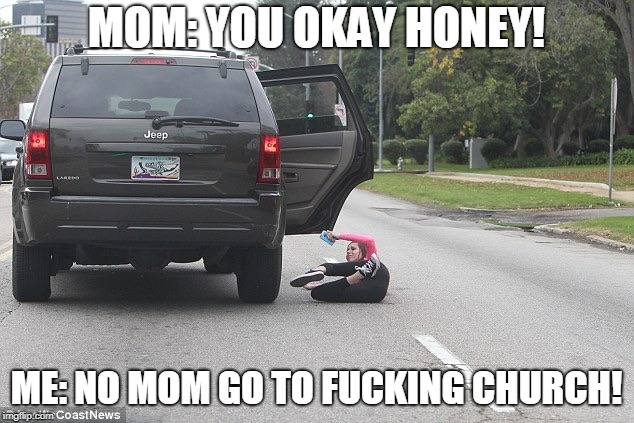 ...image tagged in falling out of moving vehicle,church,funny,girls,jeep,mo...