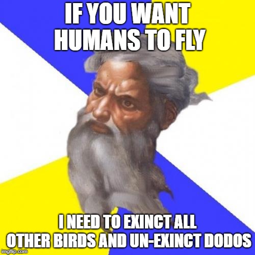 Will this work, God? | IF YOU WANT HUMANS TO FLY; I NEED TO EXINCT ALL OTHER BIRDS AND UN-EXINCT DODOS | image tagged in memes,advice god | made w/ Imgflip meme maker