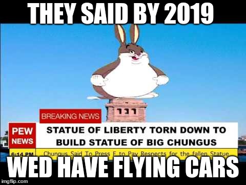 Big Chungus | THEY SAID BY 2019; WED HAVE FLYING CARS | image tagged in big chungus | made w/ Imgflip meme maker
