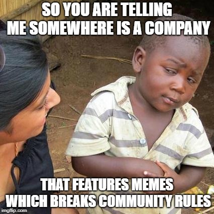 I promise, this is not meeting the guidelines of imgflip.com, this cannot get featured. | SO YOU ARE TELLING ME SOMEWHERE IS A COMPANY; THAT FEATURES MEMES WHICH BREAKS COMMUNITY RULES | image tagged in memes,third world skeptical kid | made w/ Imgflip meme maker