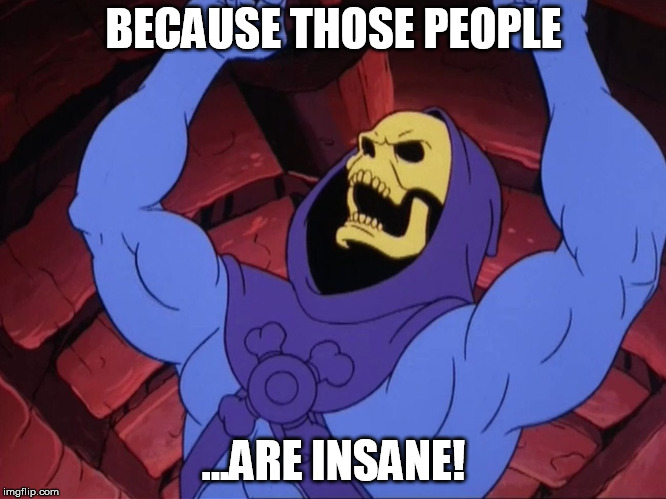 Skeletor | BECAUSE THOSE PEOPLE; ...ARE INSANE! | image tagged in skeletor | made w/ Imgflip meme maker
