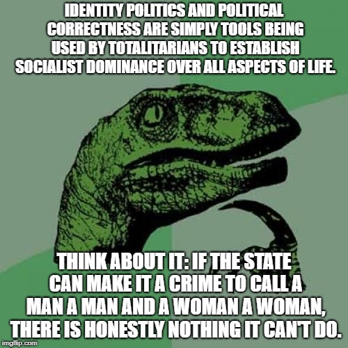 Victim Groups Are Disposable Tools | IDENTITY POLITICS AND POLITICAL CORRECTNESS ARE SIMPLY TOOLS BEING USED BY TOTALITARIANS TO ESTABLISH SOCIALIST DOMINANCE OVER ALL ASPECTS OF LIFE. THINK ABOUT IT: IF THE STATE CAN MAKE IT A CRIME TO CALL A MAN A MAN AND A WOMAN A WOMAN, THERE IS HONESTLY NOTHING IT CAN'T DO. | image tagged in memes,philosoraptor | made w/ Imgflip meme maker