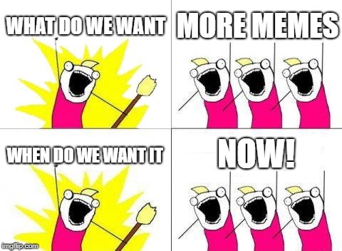 What Do We Want | WHAT DO WE WANT; MORE MEMES; NOW! WHEN DO WE WANT IT | image tagged in memes,what do we want | made w/ Imgflip meme maker