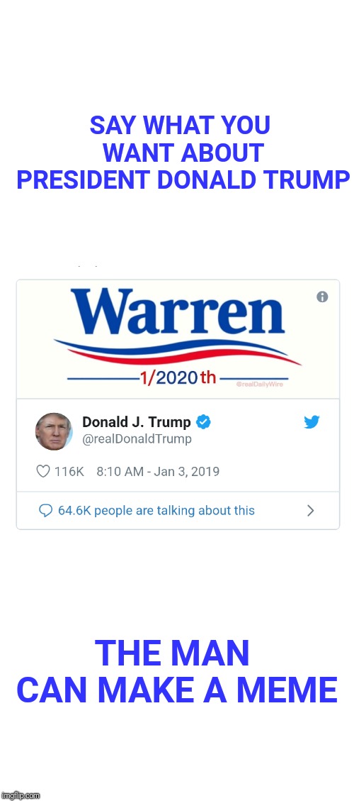 Trump savagely trolls Elizabeth Warren. | SAY WHAT YOU WANT ABOUT PRESIDENT DONALD TRUMP; THE MAN CAN MAKE A MEME | image tagged in elizabeth warren,warren,meme,trump,election 2020,trump 2020 | made w/ Imgflip meme maker