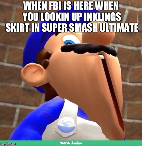 smg4's face | WHEN FBI IS HERE WHEN YOU LOOKIN UP INKLINGS SKIRT IN SUPER SMASH ULTIMATE | image tagged in smg4's face | made w/ Imgflip meme maker