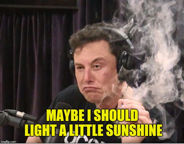 Elon Musk smoking a joint | MAYBE I SHOULD LIGHT A LITTLE SUNSHINE | image tagged in elon musk smoking a joint | made w/ Imgflip meme maker