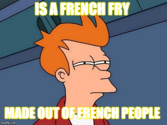 Futurama Fry Meme |  IS A FRENCH FRY; MADE OUT OF FRENCH PEOPLE | image tagged in memes,futurama fry | made w/ Imgflip meme maker