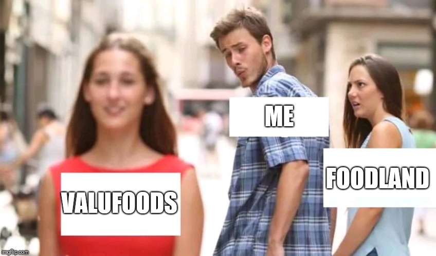 Distracted boyfriend | ME; FOODLAND; VALUFOODS | image tagged in distracted boyfriend | made w/ Imgflip meme maker