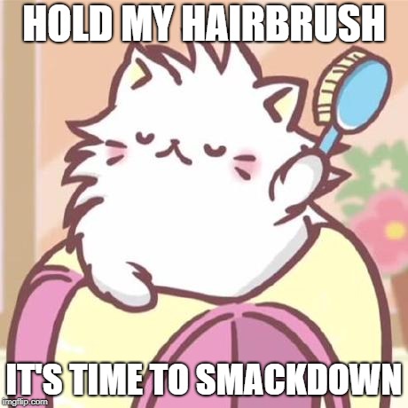 Time to Smackdown | HOLD MY HAIRBRUSH; IT'S TIME TO SMACKDOWN | image tagged in bananya,cat,fight,hairbrush,fabulous | made w/ Imgflip meme maker