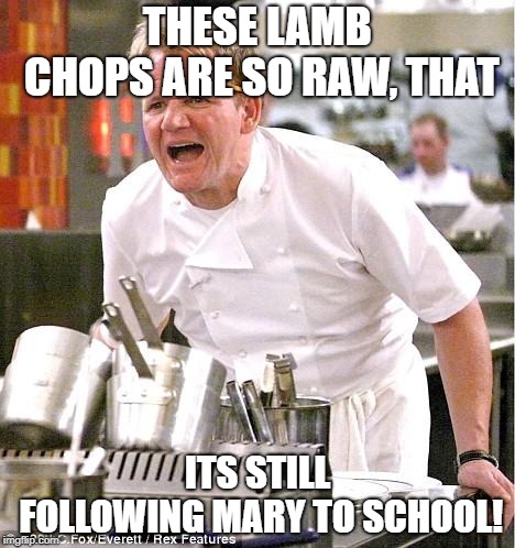 Chef Gordon Ramsay Meme | THESE LAMB CHOPS ARE SO RAW, THAT; ITS STILL FOLLOWING MARY TO SCHOOL! | image tagged in memes,chef gordon ramsay | made w/ Imgflip meme maker