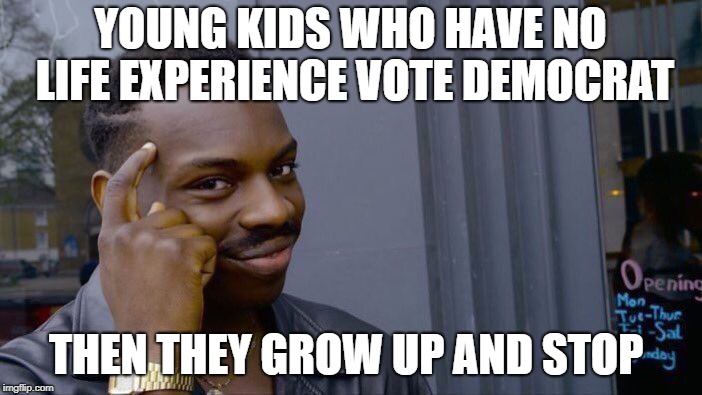 Roll Safe Think About It Meme | YOUNG KIDS WHO HAVE NO LIFE EXPERIENCE VOTE DEMOCRAT THEN THEY GROW UP AND STOP | image tagged in memes,roll safe think about it | made w/ Imgflip meme maker