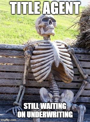 Waiting Skeleton Meme | TITLE AGENT; STILL WAITING ON UNDERWRITING | image tagged in memes,waiting skeleton | made w/ Imgflip meme maker