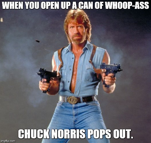 Chuck Norris Guns | WHEN YOU OPEN UP A CAN OF WHOOP-ASS; CHUCK NORRIS POPS OUT. | image tagged in memes,chuck norris guns,chuck norris | made w/ Imgflip meme maker