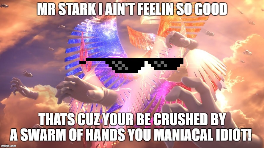 smash | MR STARK I AIN'T FEELIN SO GOOD; THATS CUZ YOUR BE CRUSHED BY A SWARM OF HANDS YOU MANIACAL IDIOT! | image tagged in super smash bros,world of light | made w/ Imgflip meme maker