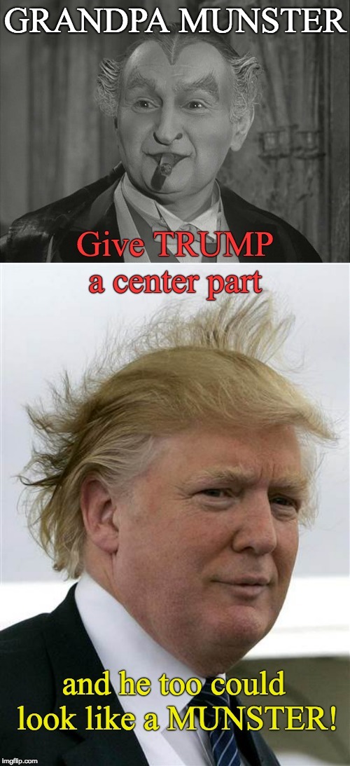 Trump HAIR - part it - become Grandpa Munster's twin. | image tagged in trump hair -,grandpa munster,trump hair alive,center hair part,trump vampire sucking the economy dry | made w/ Imgflip meme maker
