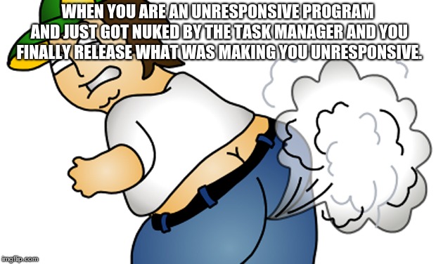WHEN YOU ARE AN UNRESPONSIVE PROGRAM AND JUST GOT NUKED BY THE TASK MANAGER AND YOU FINALLY RELEASE WHAT WAS MAKING YOU UNRESPONSIVE. | image tagged in computers | made w/ Imgflip meme maker