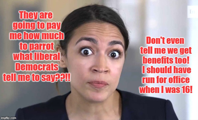 They are going to pay me how much to parrot what liberal Democrats tell me to say??!! | They are going to pay me how much to parrot what liberal Democrats tell me to say??!! Don't even tell me we get benefits too!  I should have run for office when I was 16! | image tagged in crazy alexandria ocasio-cortez,democrats,political meme,liberals,socialists,loony leftists | made w/ Imgflip meme maker