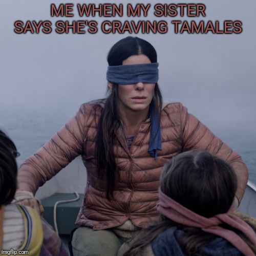 Bird Box | ME WHEN MY SISTER SAYS SHE'S CRAVING TAMALES | image tagged in bird box | made w/ Imgflip meme maker