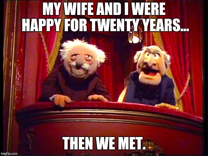 Waldorf and Statler | MY WIFE AND I WERE HAPPY FOR TWENTY YEARS... THEN WE MET. | image tagged in waldorf and statler | made w/ Imgflip meme maker