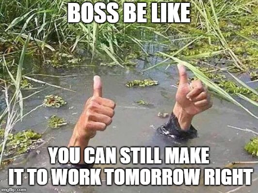 flood no worries | BOSS BE LIKE; YOU CAN STILL MAKE IT TO WORK TOMORROW RIGHT | image tagged in flood no worries | made w/ Imgflip meme maker