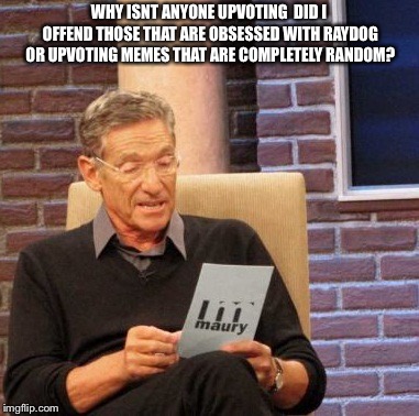 Maury Lie Detector Meme | WHY ISNT ANYONE UPVOTING  DID I OFFEND THOSE THAT ARE OBSESSED WITH RAYDOG OR UPVOTING MEMES THAT ARE COMPLETELY RANDOM? | image tagged in memes,maury lie detector | made w/ Imgflip meme maker