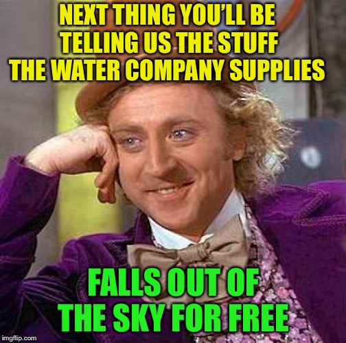 Creepy Condescending Wonka Meme | NEXT THING YOU’LL BE TELLING US THE STUFF THE WATER COMPANY SUPPLIES FALLS OUT OF THE SKY FOR FREE | image tagged in memes,creepy condescending wonka | made w/ Imgflip meme maker