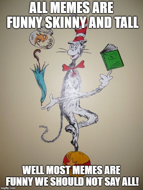 Dr. Suess | ALL MEMES ARE FUNNY SKINNY AND TALL; WELL MOST MEMES ARE FUNNY WE SHOULD NOT SAY ALL! | image tagged in dr suess | made w/ Imgflip meme maker