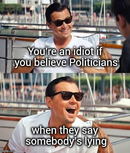 The pot calling the kettle dishonest | You're an idiot if you believe Politicians; when they say somebody's lying | image tagged in memes,leonardo dicaprio wolf of wall street,politicians suck,why you always lying,honestly | made w/ Imgflip meme maker