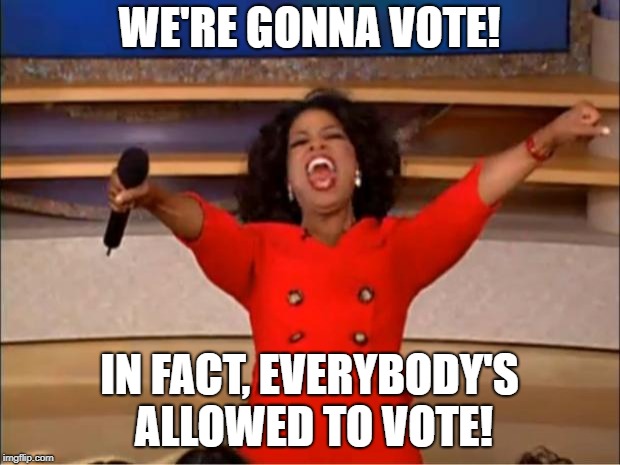 Imagine if Everybody Was Allowed to Vote | WE'RE GONNA VOTE! IN FACT, EVERYBODY'S ALLOWED TO VOTE! | image tagged in memes,oprah you get a | made w/ Imgflip meme maker