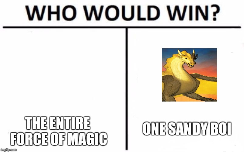 who would win wings of fire | THE ENTIRE FORCE OF MAGIC; ONE SANDY BOI | image tagged in funny memes | made w/ Imgflip meme maker