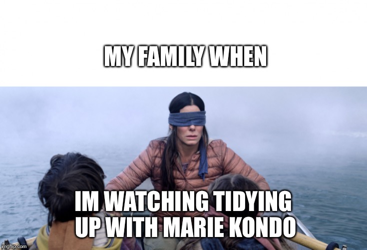 Bird Box | MY FAMILY WHEN; IM WATCHING TIDYING UP WITH MARIE KONDO | image tagged in bird box | made w/ Imgflip meme maker