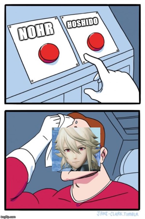 I’d definitely choose Nohr  | HOSHIDO; NOHR | image tagged in memes,two buttons | made w/ Imgflip meme maker