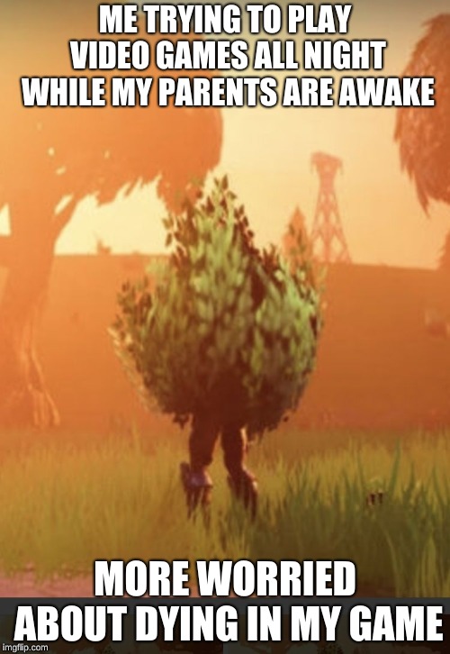 Fortnite bush | ME TRYING TO PLAY VIDEO GAMES ALL NIGHT WHILE MY PARENTS ARE AWAKE; MORE WORRIED ABOUT DYING IN MY GAME | image tagged in fortnite bush | made w/ Imgflip meme maker