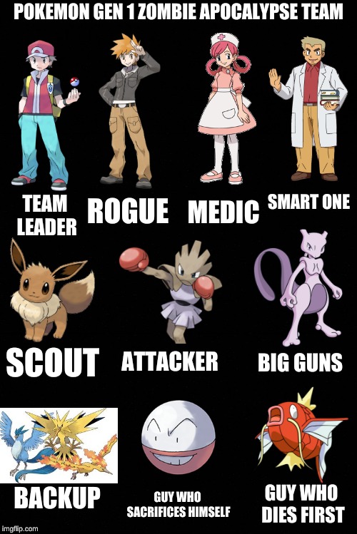 POKEMON GEN 1 ZOMBIE APOCALYPSE TEAM; ROGUE; SMART ONE; MEDIC; TEAM LEADER; ATTACKER; SCOUT; BIG GUNS; GUY WHO SACRIFICES HIMSELF; GUY WHO DIES FIRST; BACKUP | image tagged in black | made w/ Imgflip meme maker