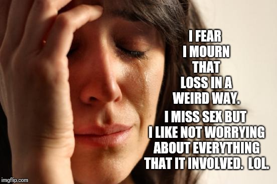 First World Problems Meme | I FEAR I MOURN THAT LOSS IN A WEIRD WAY. I MISS SEX BUT I LIKE NOT WORRYING ABOUT EVERYTHING THAT IT INVOLVED.  LOL. | image tagged in memes,first world problems | made w/ Imgflip meme maker