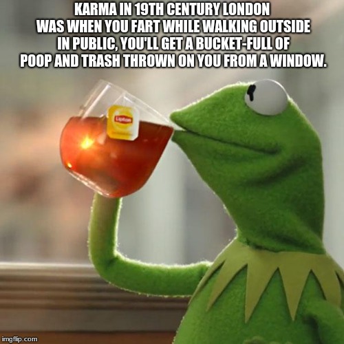But That's None Of My Business Meme | KARMA IN 19TH CENTURY LONDON WAS WHEN YOU FART WHILE WALKING OUTSIDE IN PUBLIC, YOU'LL GET A BUCKET-FULL OF POOP AND TRASH THROWN ON YOU FROM A WINDOW. | image tagged in memes,but thats none of my business,kermit the frog | made w/ Imgflip meme maker