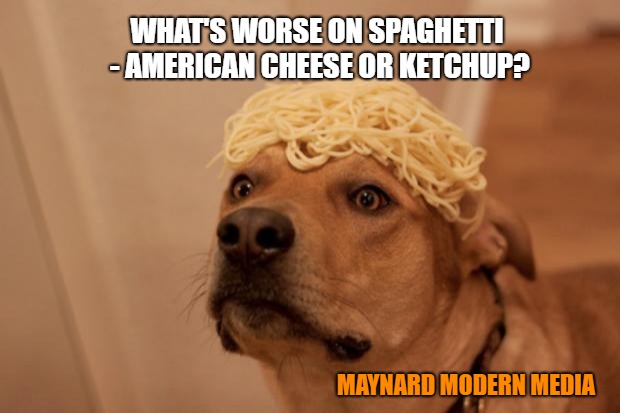Thinking Spaghetti Dog | WHAT'S WORSE ON SPAGHETTI - AMERICAN CHEESE OR KETCHUP? MAYNARD MODERN MEDIA | image tagged in thinking spaghetti dog | made w/ Imgflip meme maker